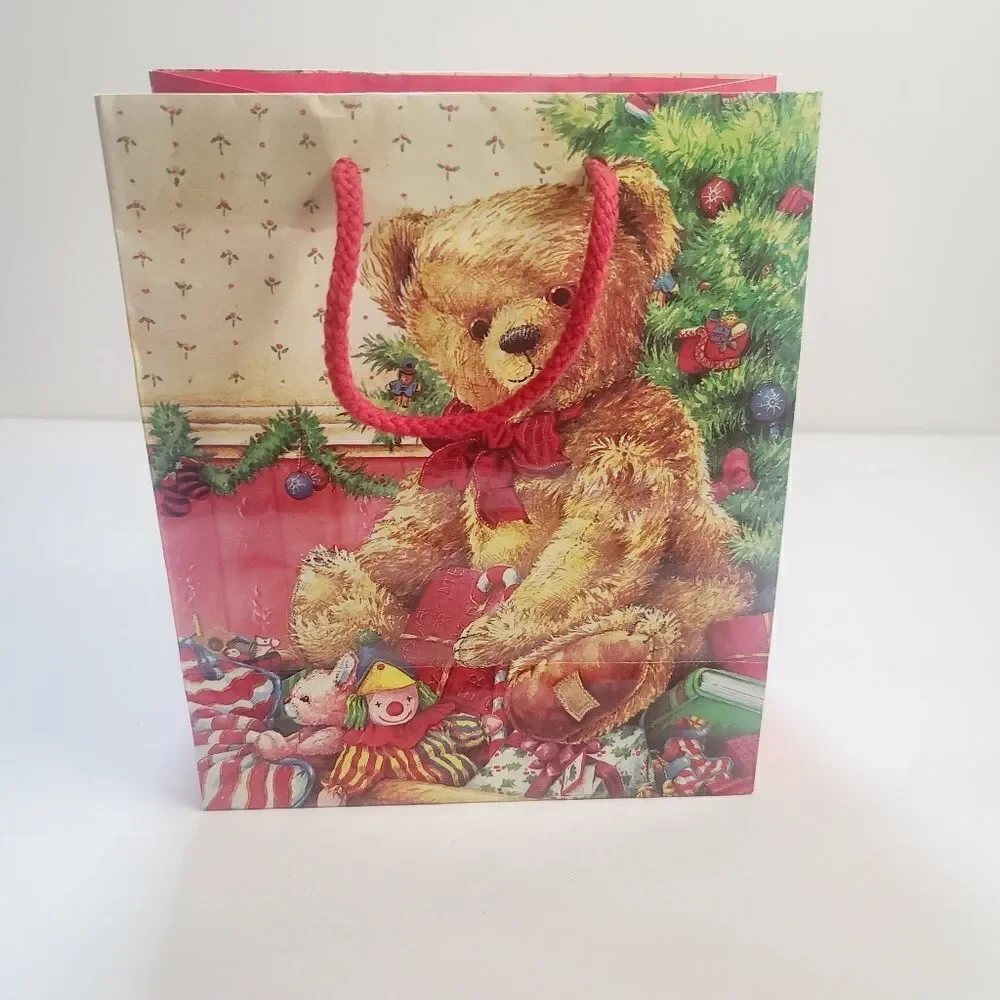 Vintage 90s Cute Teddy Bear Plush Christmas Gift Bag Red Tree Clown
